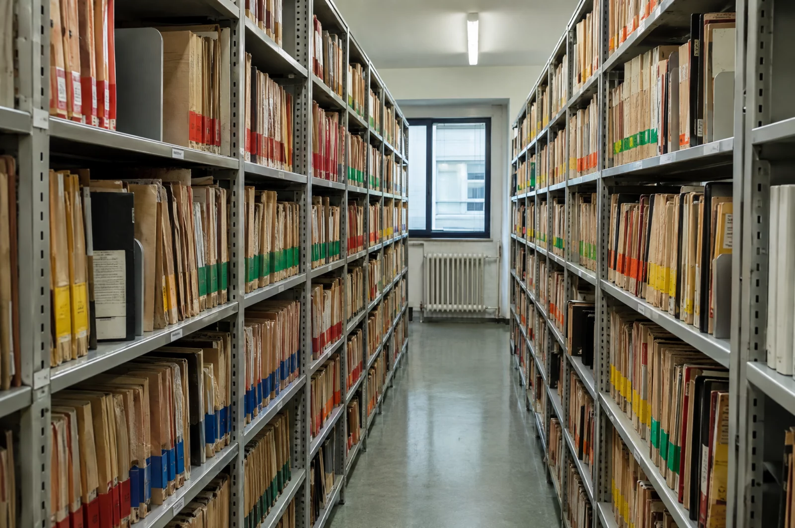 Lange Metallregale voller Verfahrensakten im Archiv einer Staatsanwaltschaft, sortiert nach Aktenzeichen.