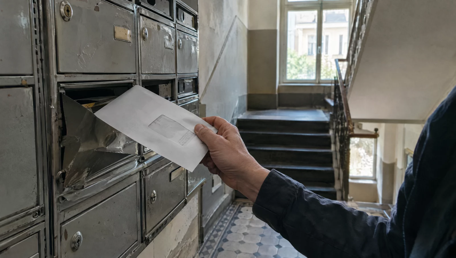 Hand zieht im Altbau-Treppenhaus ein amtliches Schreiben aus dem Briefkasten, auf dem das Aktenzeichen des Verfahrens steht.