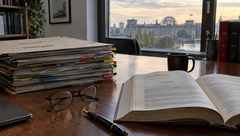Ein Stapel Ermittlungsakten und ein aufgeschlagenes Strafgesetzbuch auf dem Schreibtisch eines Strafverteidigers.