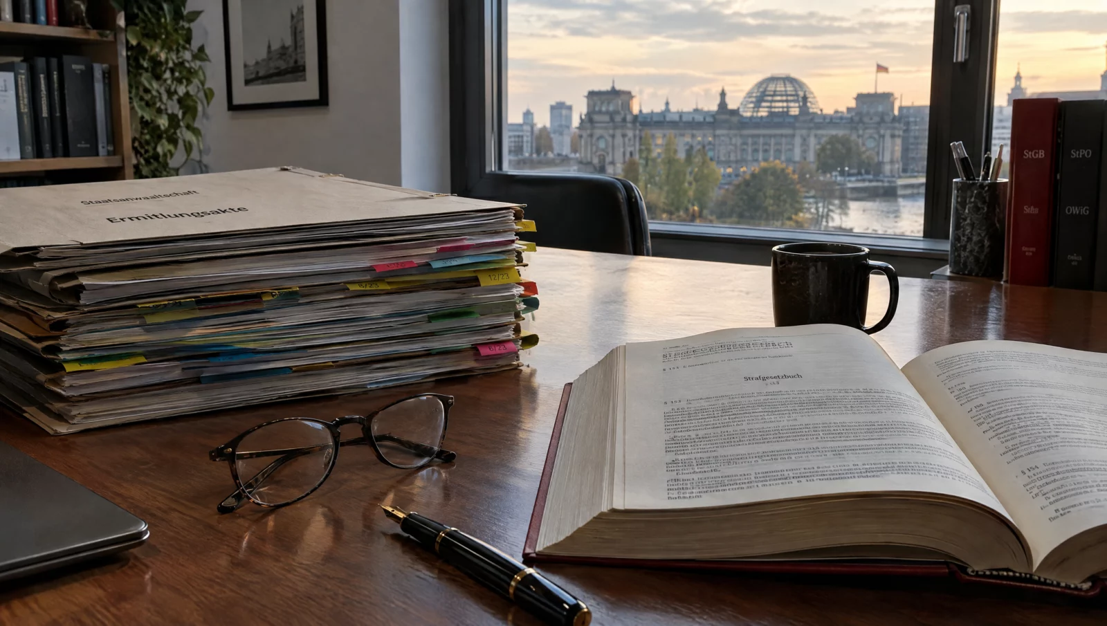 Ein Stapel Ermittlungsakten und ein aufgeschlagenes Strafgesetzbuch auf dem Schreibtisch eines Strafverteidigers.