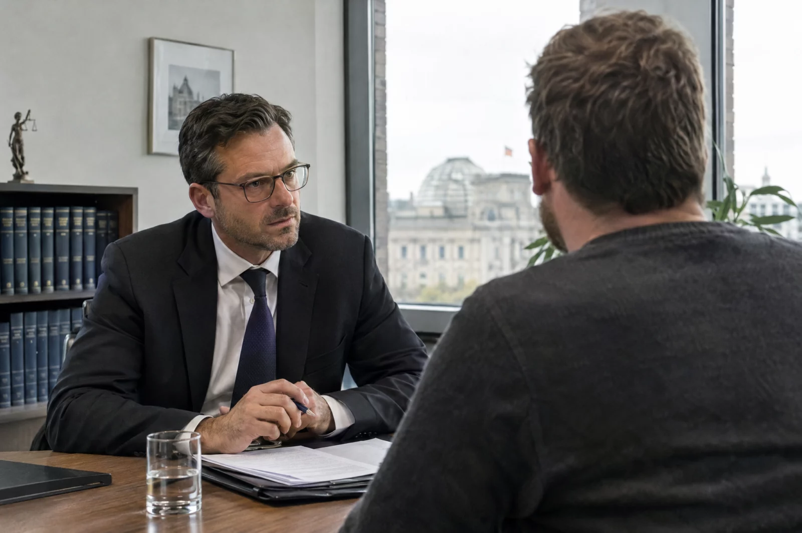 Ein Strafverteidiger bespricht mit einem erwachsenen Mandanten in der Kanzlei die Vorwürfe rund um Altersgrenzen.