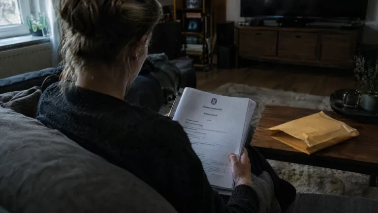 Eine Person sitzt auf dem Sofa und liest die zugestellte Anklageschrift, der geöffnete gelbe Umschlag liegt auf dem Tisch.