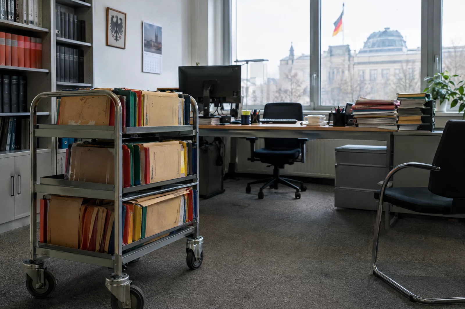 Anklage Ein Aktenwagen voller Ermittlungsakten steht im Büro der Staatsanwaltschaft, die über die Anklageerhebung entscheidet.