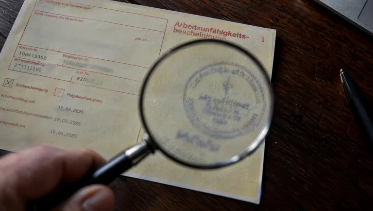Lupe über einer Arbeitsunfähigkeitsbescheinigung mit Arztstempel auf dem Schreibtisch, Prüfung auf Fälschung einer Krankmeldung.