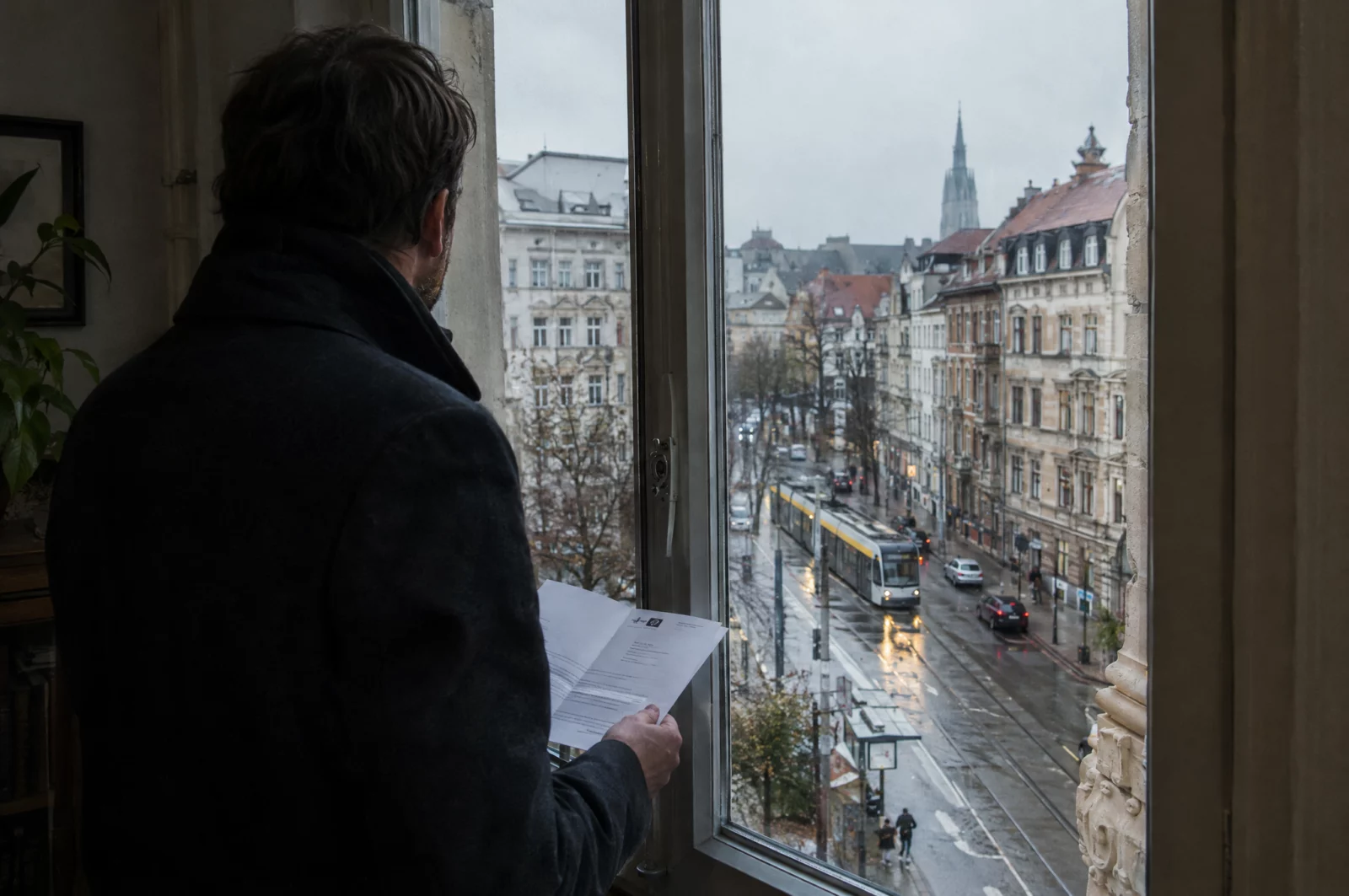 Mann steht mit einem Behördenschreiben am Fenster einer Altbauwohnung, nachdem ihn ein falscher Vorwurf getroffen hat.