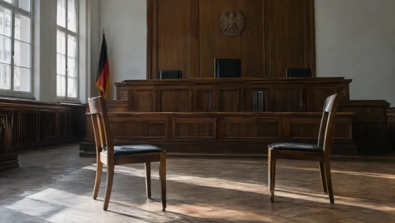 Zwei leere Stühle stehen sich vor der Richterbank im Gerichtssaal gegenüber – Sinnbild für eine Konstellation Aussage gegen Aussage.