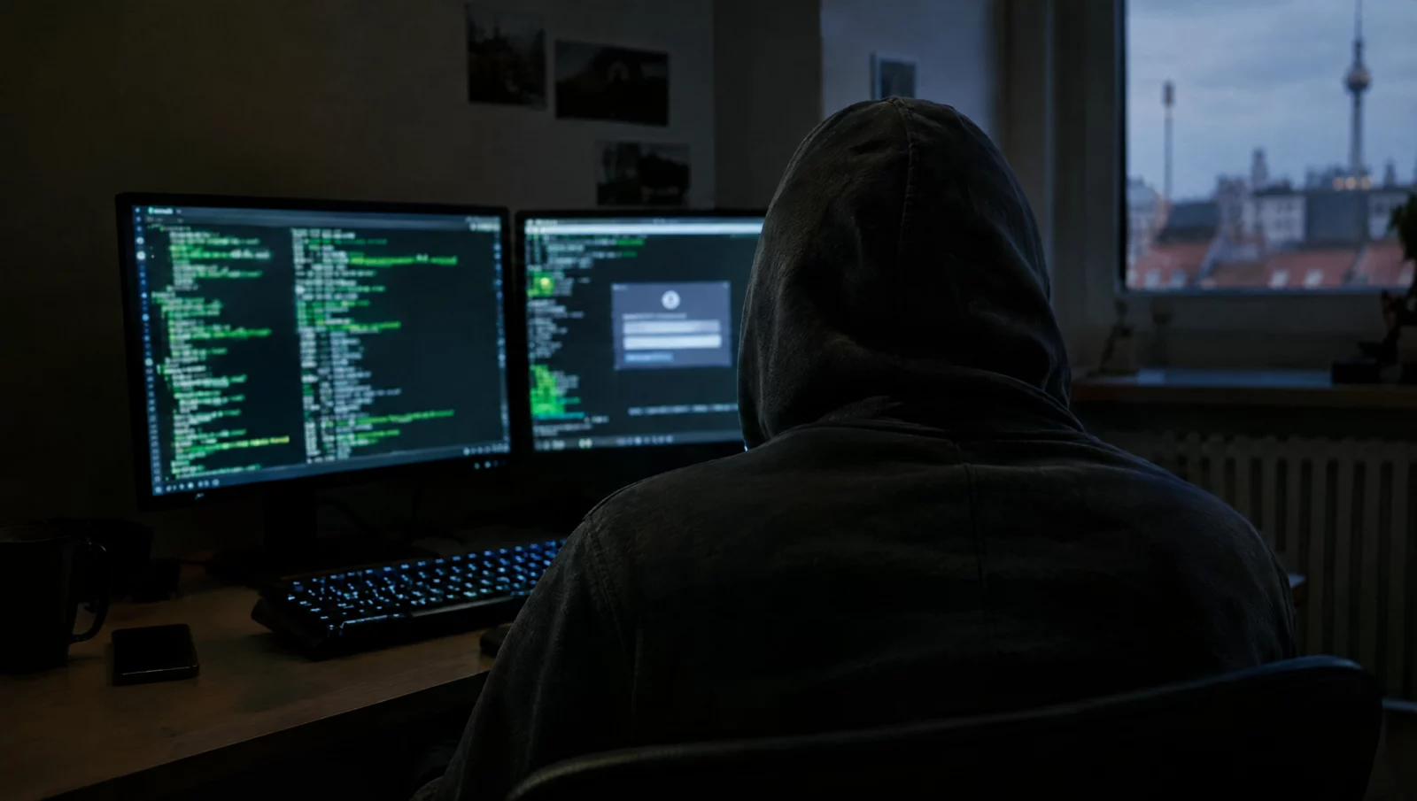 Person im Kapuzenpulli sitzt im dunklen Raum vor zwei Monitoren mit unscharfem Code, Sinnbild für das Ausspähen von Daten nach § 202a StGB.