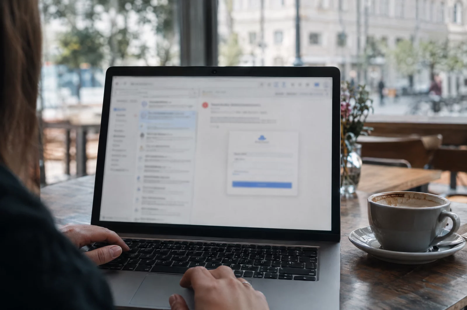 Ausspähen von Daten - § 202a StGB Laptop im Café zeigt ein unscharfes Postfach mit verdächtiger Nachricht und Passwortmaske, typisch für Phishing und Datenausspähung.