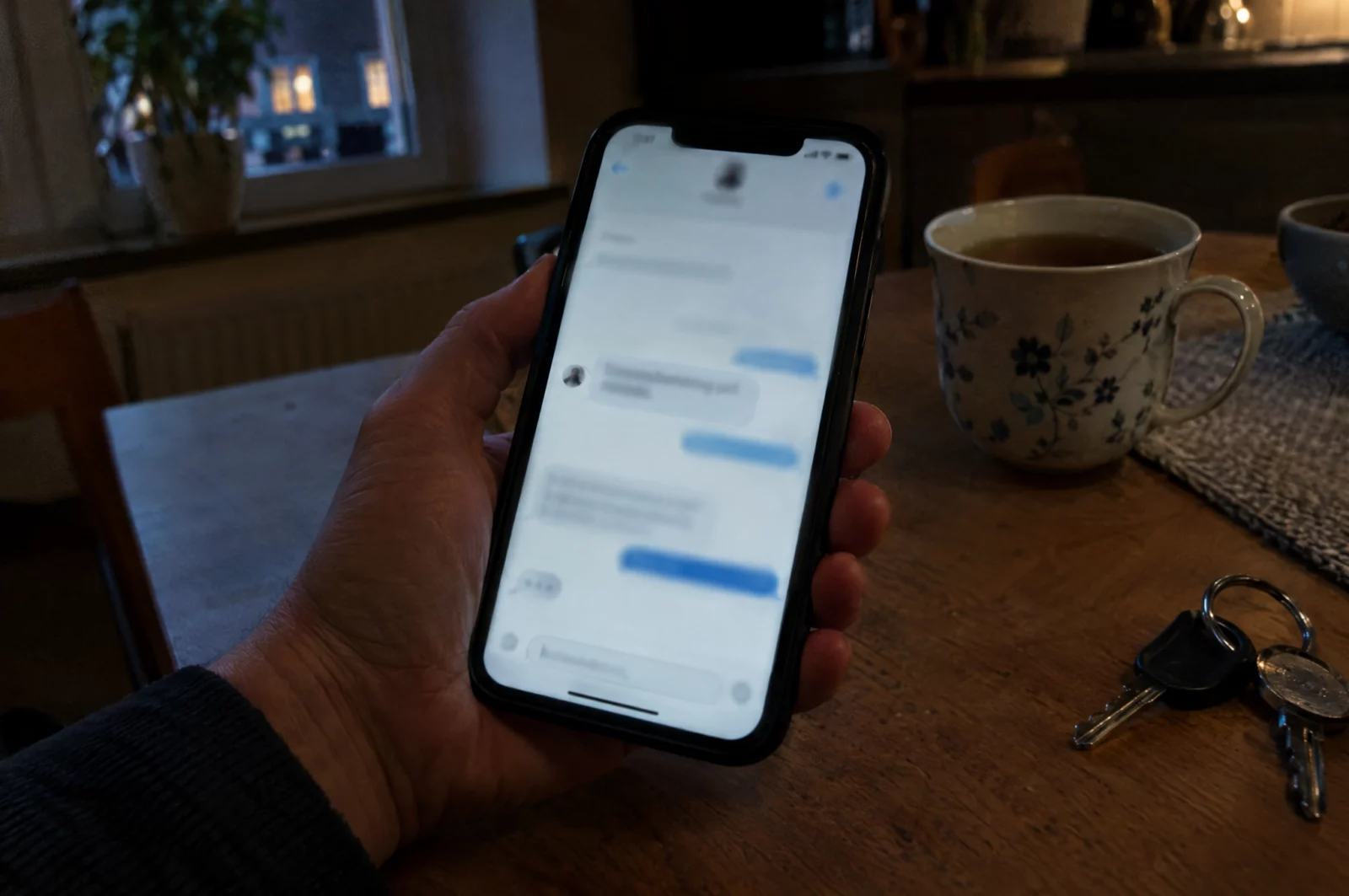 Hand hält am Küchentisch ein Smartphone mit unscharfer Chatnachricht, wie sie bei einer Bedrohung nach § 241 StGB vorkommt.