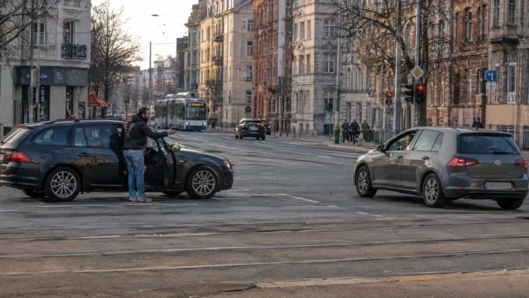 Ein Autofahrer steht an der offenen Fahrertür und gestikuliert wütend – typische Ausgangslage für einen Bedrohungsvorwurf.