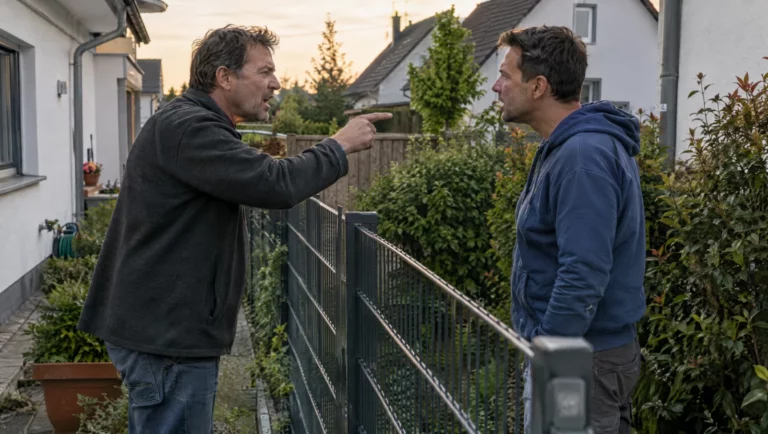 Zwei Nachbarn streiten lautstark am Gartenzaun, einer zeigt mit dem Finger – eine typische Situation für eine Anzeige wegen Beleidigung.