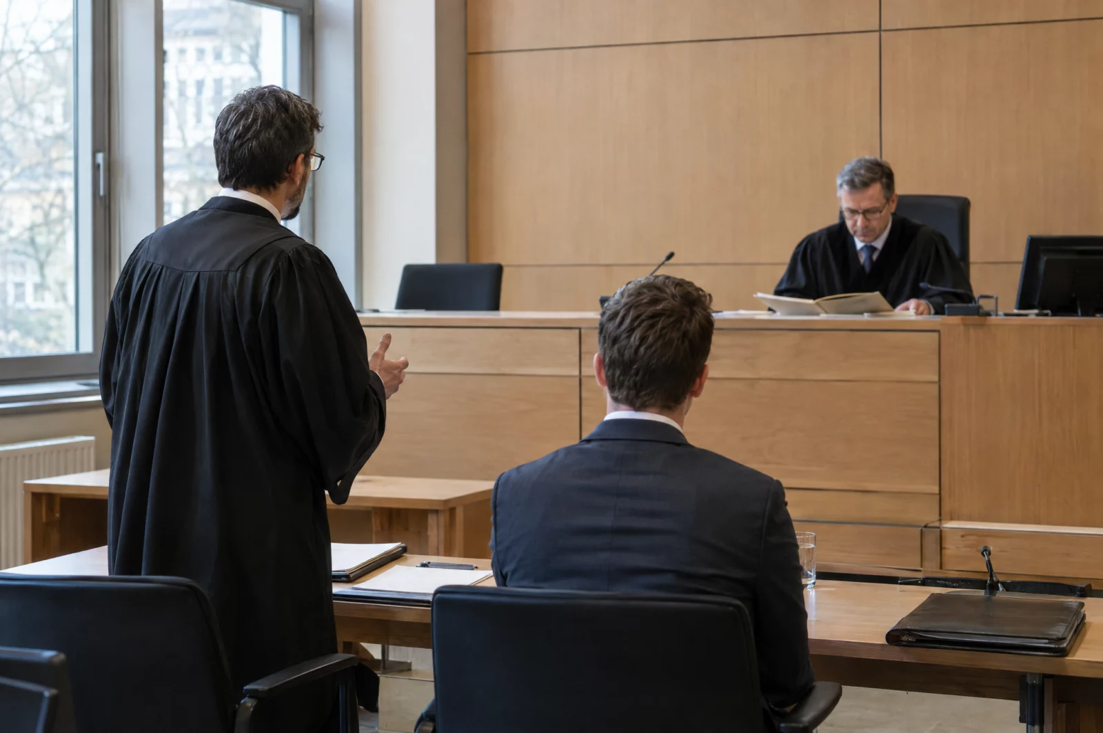 Im Amtsgericht spricht ein Strafverteidiger in Robe, während der Richter die Akte liest – Verhandlung wegen Beleidigung.