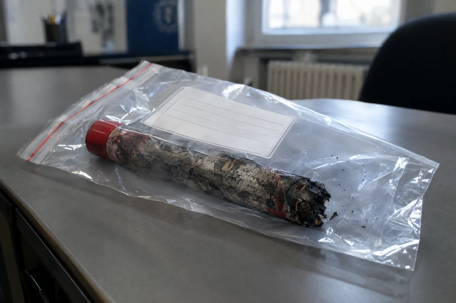 Eine abgebrannte Pyrofackel liegt versiegelt in einer Beweismitteltüte auf einem Tisch der Polizeidienststelle.