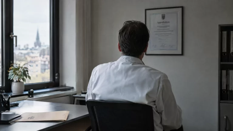 Arzt im weißen Kittel sitzt allein in seinem Büro vor einem Brief – berufsrechtliche Konsequenzen nach einer Verurteilung.