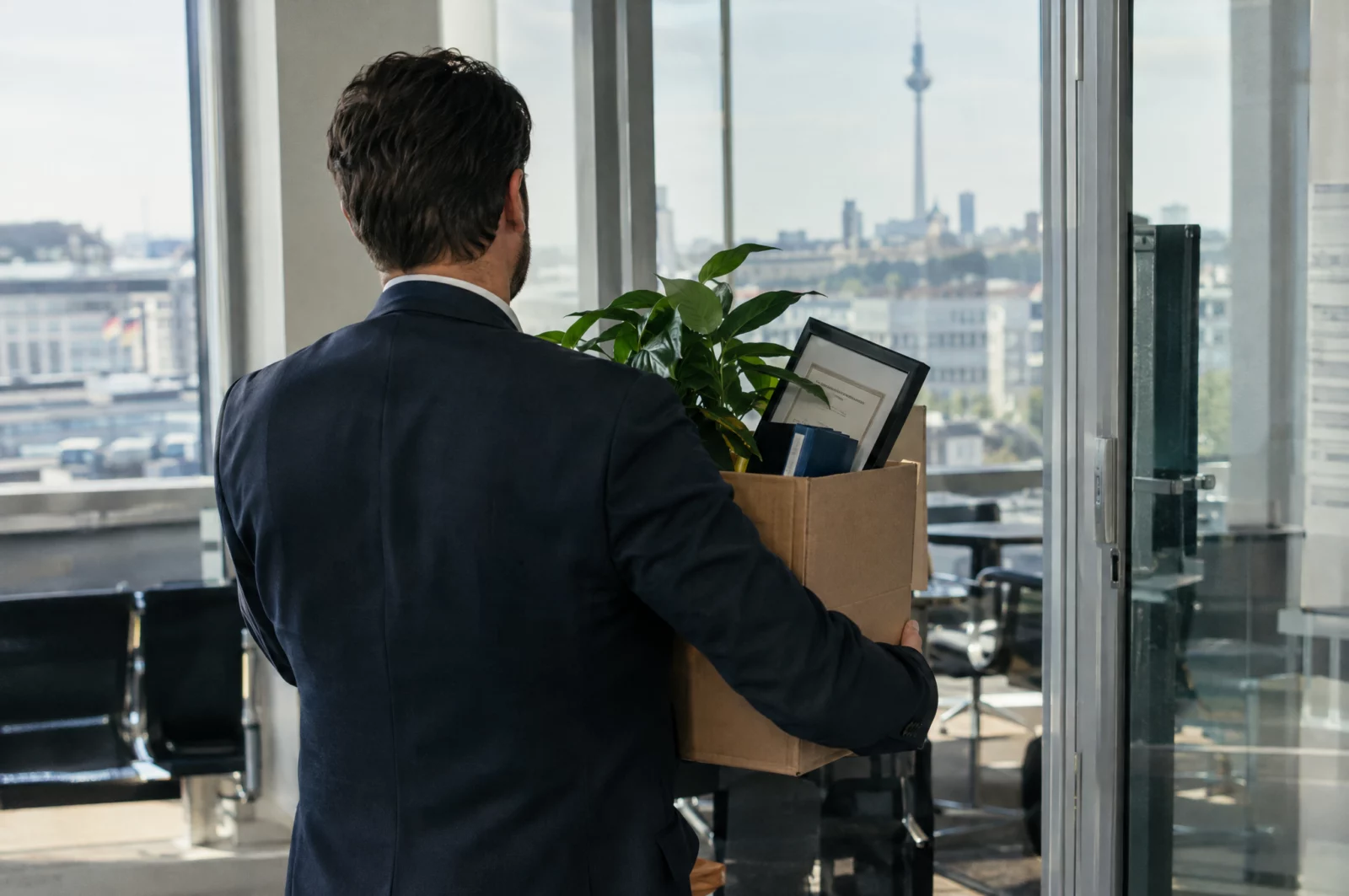 Mann im Anzug trägt einen Karton mit persönlichen Sachen aus dem Büro, mögliche berufliche Folge einer Verurteilung.