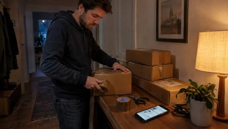 Ein Mann packt abends Pakete, daneben ein Smartphone mit Kleinanzeigen-App – typische Ausgangslage für Vorwürfe des Warenbetrugs.