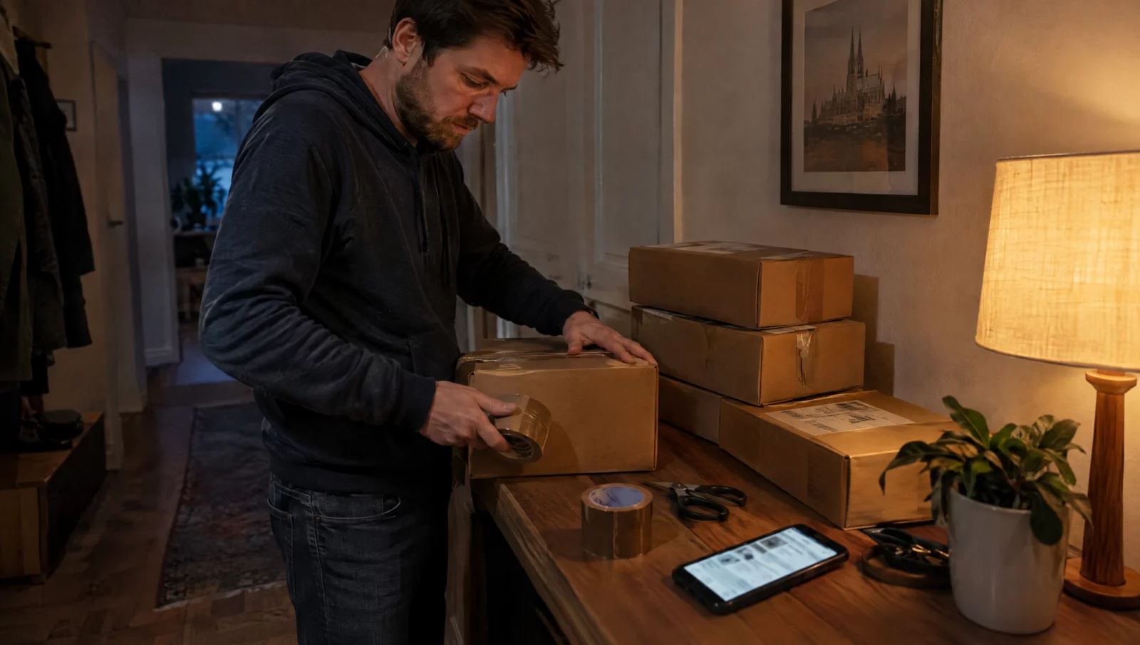 Ein Mann packt abends Pakete, daneben ein Smartphone mit Kleinanzeigen-App – typische Ausgangslage für Vorwürfe des Warenbetrugs.