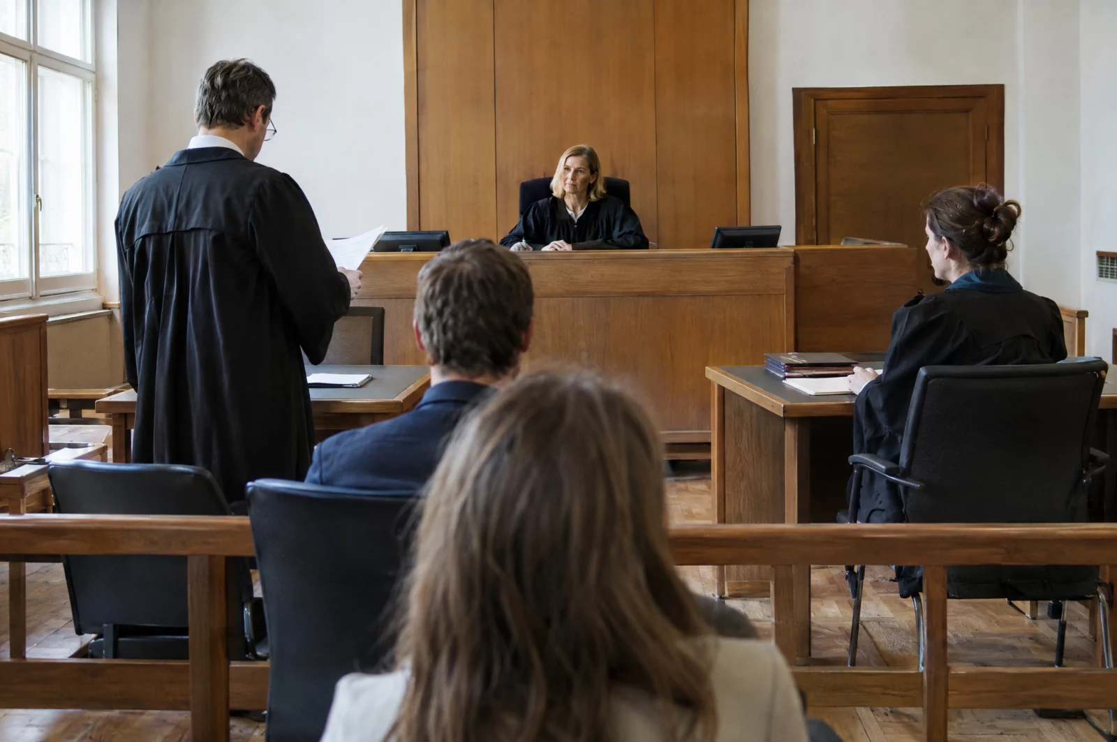 Betrug - § 263 StGB Im Gerichtssaal legt ein Anwalt in Robe der Richterin ein Dokument vor – beim Prozessbetrug wird das Gericht selbst getäuscht.