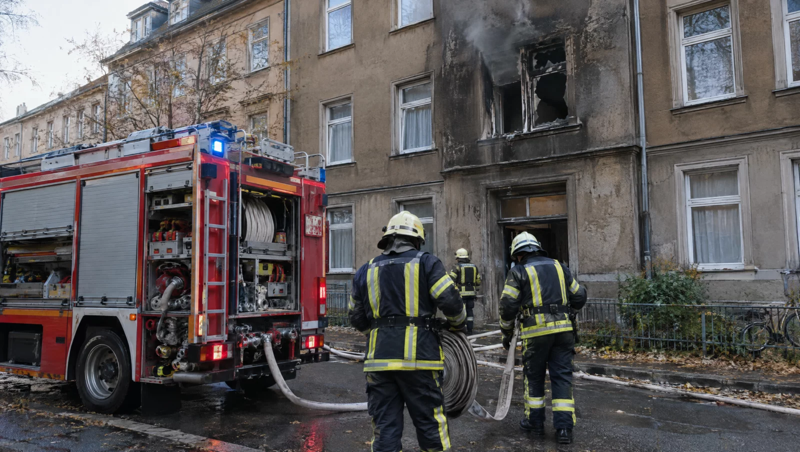 Ein Löschfahrzeug der Feuerwehr steht vor einem Altbau mit verrußter Fassade, Einsatzkräfte rollen Schläuche auf.