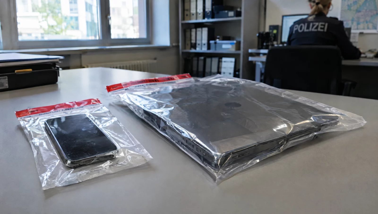Sichergestelltes Smartphone und Laptop in versiegelten Beweismitteltüten, Ermittlungen wegen verbotener Inhalte in Chatgruppen.