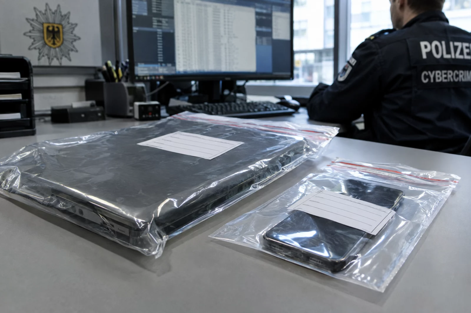 Laptop und Smartphone in Beweismitteltaschen auf dem Schreibtisch einer Cybercrime-Dienststelle nach Ermittlungen wegen Computerbetrugs.