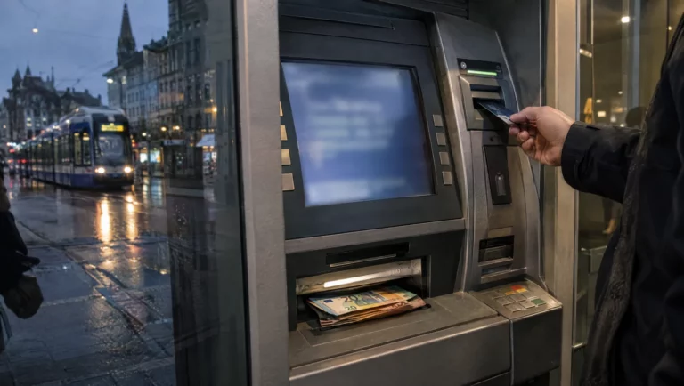 Hand steckt nachts eine Bankkarte in einen Geldautomaten, im Ausgabefach Euroscheine – ein klassischer Fall von Computerbetrug.