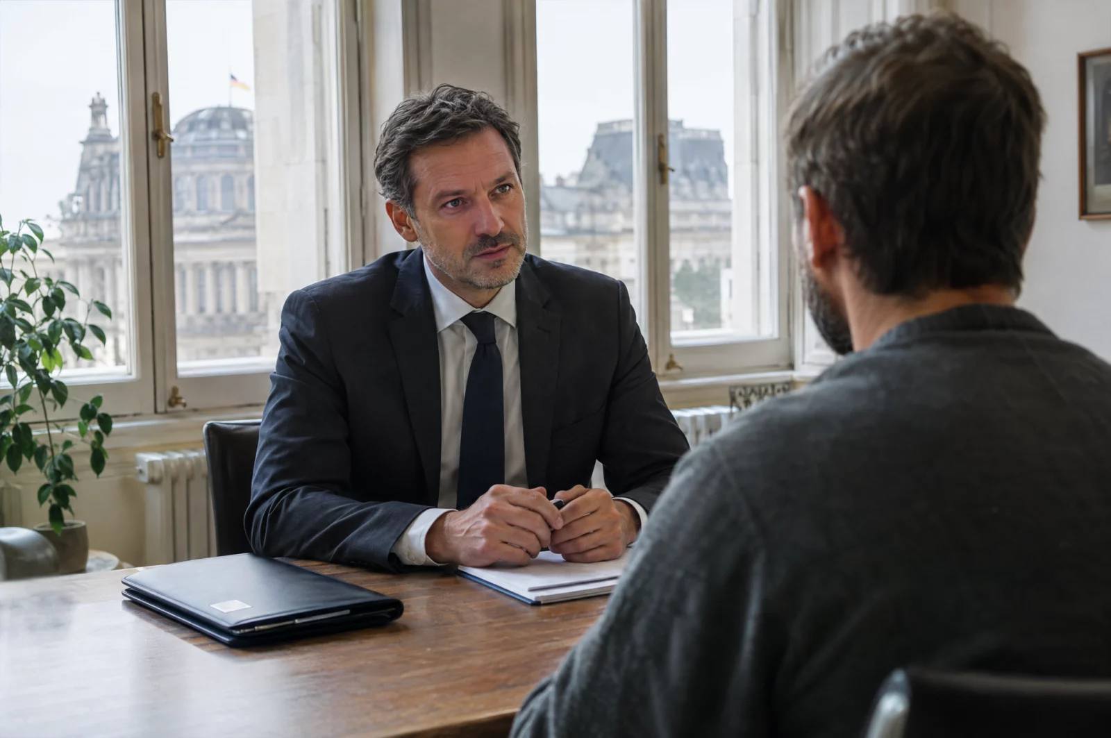 Strafverteidiger bespricht in seiner Kanzlei mit einem Mandanten die Akte und die drohende Strafe bei Cybergrooming.