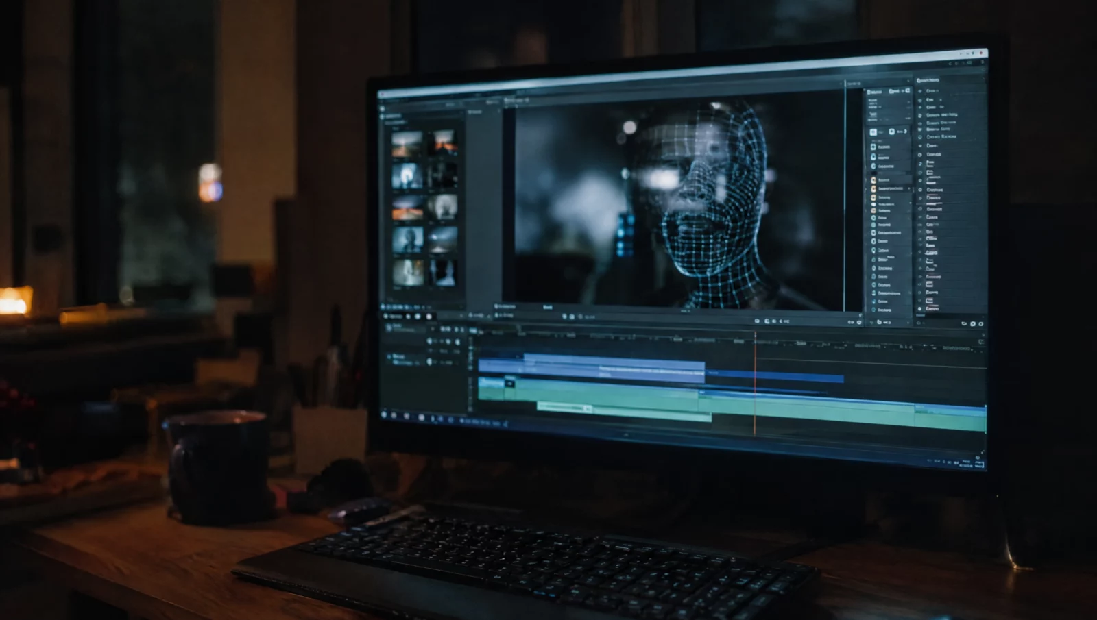 Monitor mit Videobearbeitungssoftware und abstraktem Gesichtsgitter in einem dunklen Büro, Sinnbild für die Herstellung von Deepfakes.
