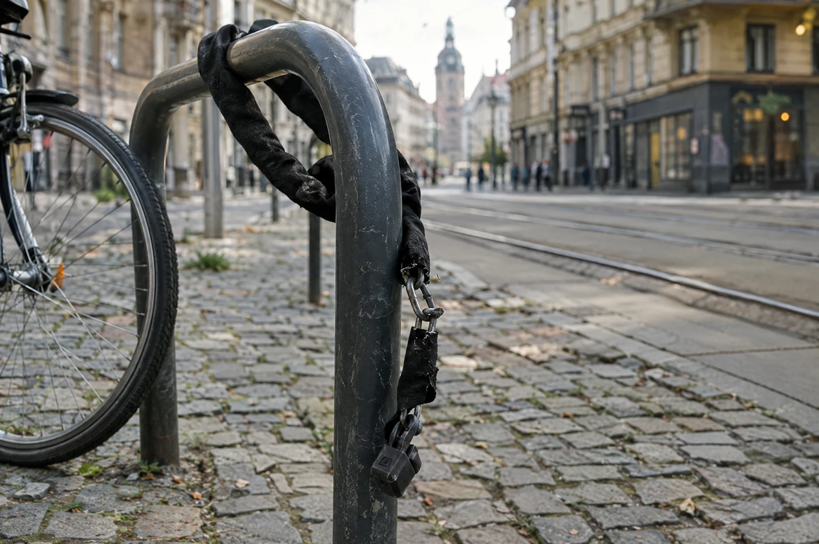 Ein durchtrenntes Fahrradschloss hängt an einem leeren Fahrradständer auf dem Gehweg – Spuren eines Fahrraddiebstahls.