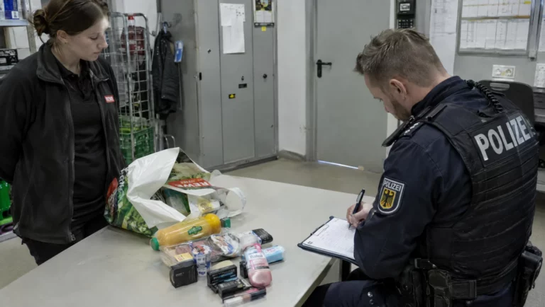 Eine Polizistin nimmt im Büro eines Supermarkts einen Ladendiebstahl auf, die nicht bezahlten Waren liegen auf dem Tisch.