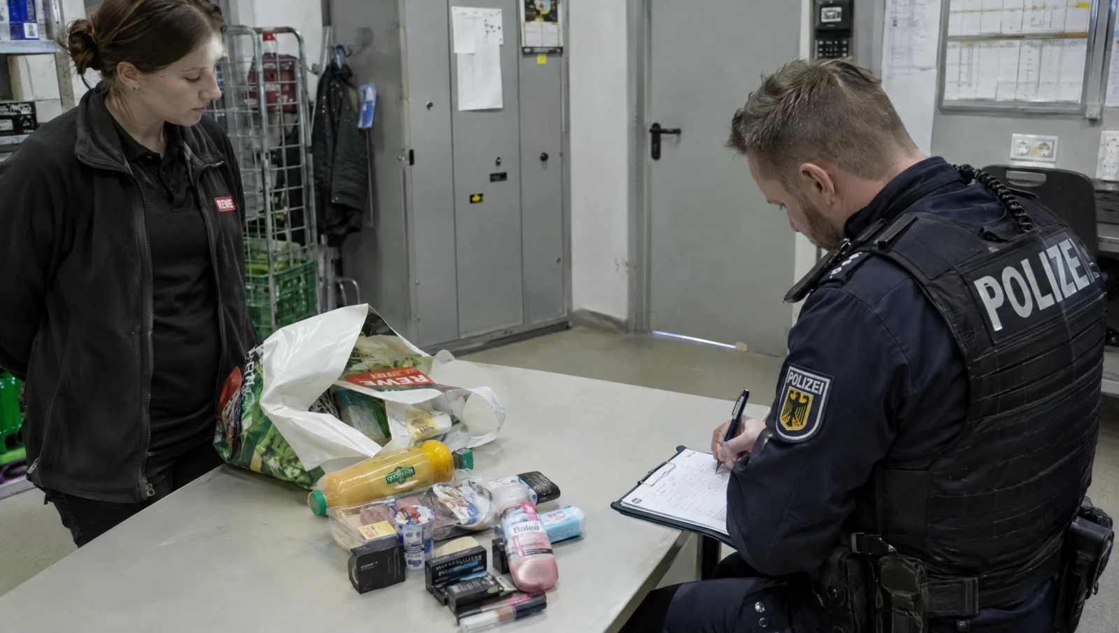 Eine Polizistin nimmt im Büro eines Supermarkts einen Ladendiebstahl auf, die nicht bezahlten Waren liegen auf dem Tisch.