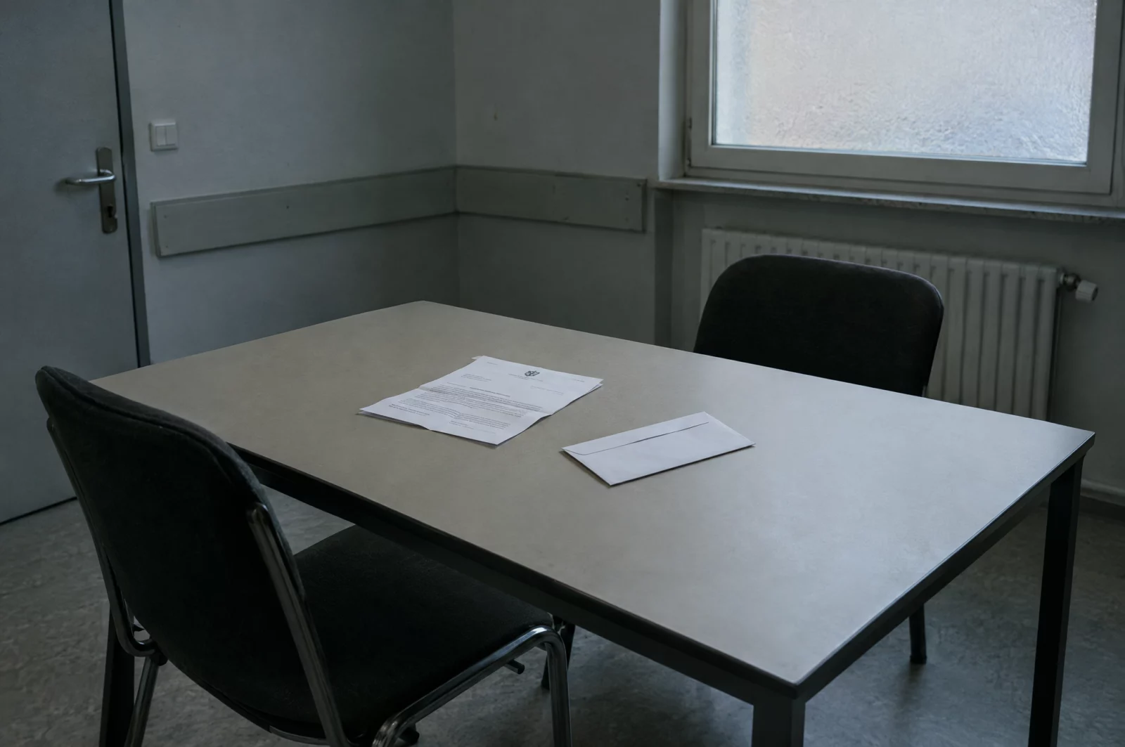 Eine polizeiliche Vorladung wegen Diebstahls liegt auf dem Tisch eines nüchternen Vernehmungsraums einer Polizeidienststelle.