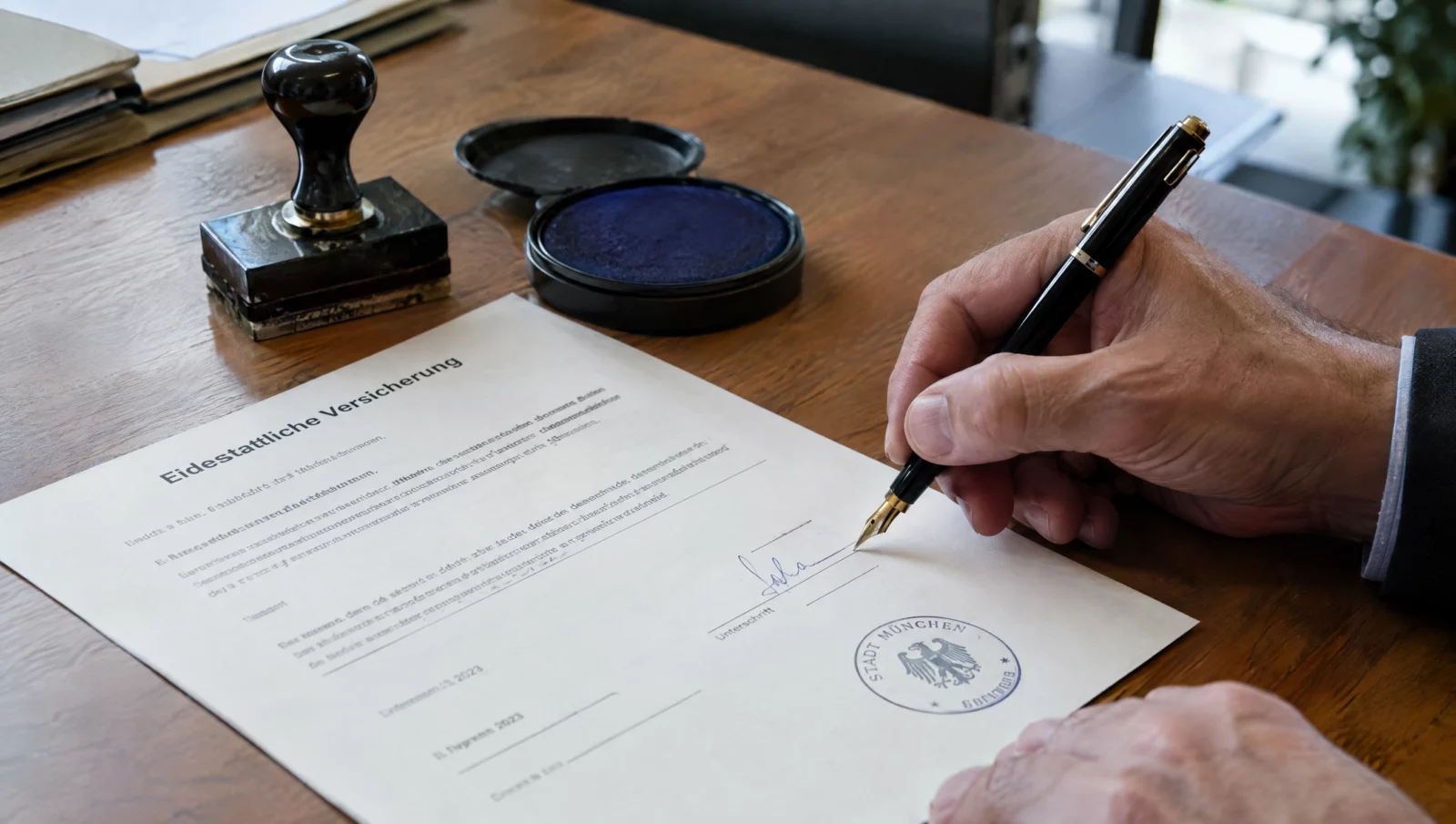 Hand unterschreibt mit Füller ein Formular zur Versicherung an Eides Statt, daneben ein Dienststempel auf dem Schreibtisch.