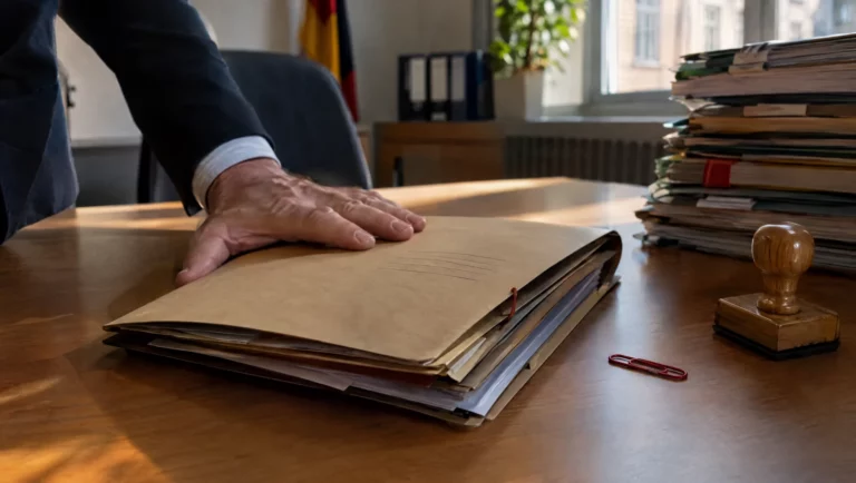 Hand schließt eine Ermittlungsakte auf dem Schreibtisch der Staatsanwaltschaft, Sinnbild für die Einstellung nach § 153 oder § 153a StPO.