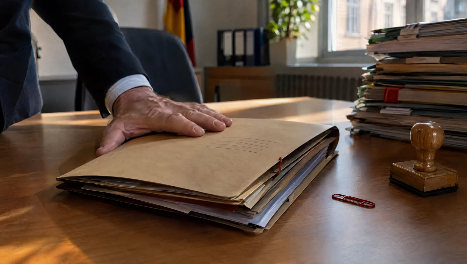 Hand schließt eine Ermittlungsakte auf dem Schreibtisch der Staatsanwaltschaft, Sinnbild für die Einstellung nach § 153 oder § 153a StPO.