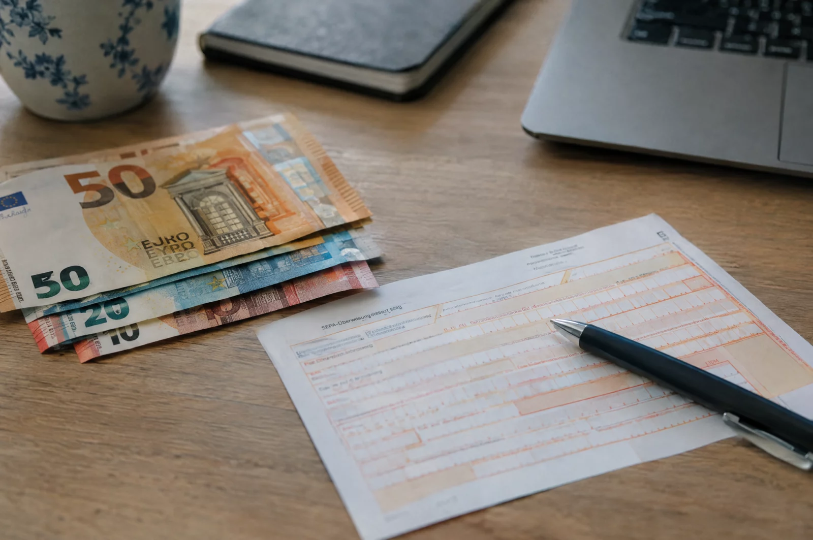 Euro-Scheine, ein Überweisungsträger und ein Stift auf dem Tisch, typische Geldauflage bei einer Einstellung nach § 153a StPO.
