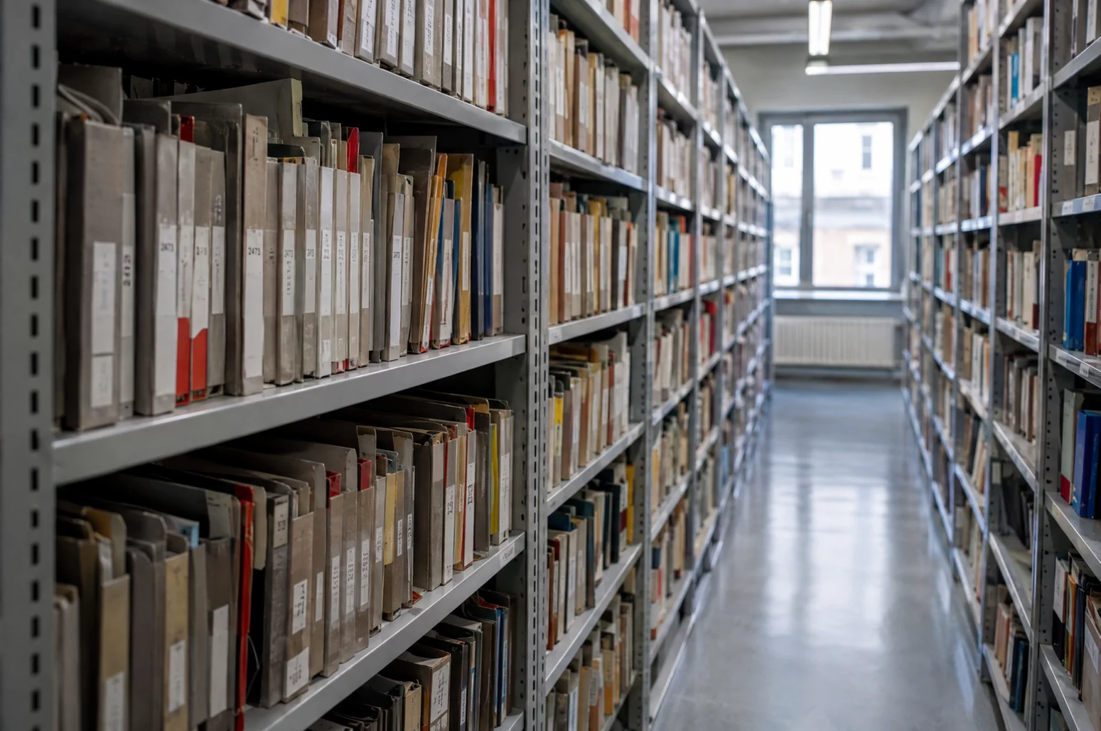 Lange Regalreihen mit Ermittlungsakten im Archiv einer Staatsanwaltschaft, hier landen auch nach § 154 StPO eingestellte Verfahren.