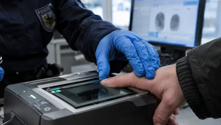 Ein Finger wird bei der Polizei auf einen digitalen Fingerabdruckscanner gedrückt, Kern der erkennungsdienstlichen Behandlung.