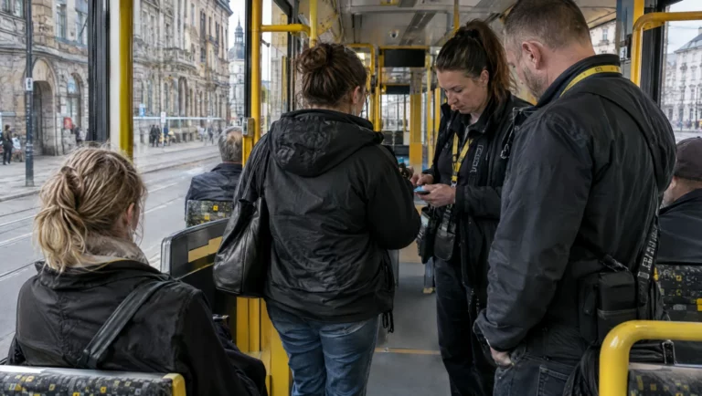 Zwei Kontrolleure prüfen in einer Straßenbahn den Fahrschein eines Fahrgasts, Ausgangspunkt vieler Verfahren nach § 265a StGB.