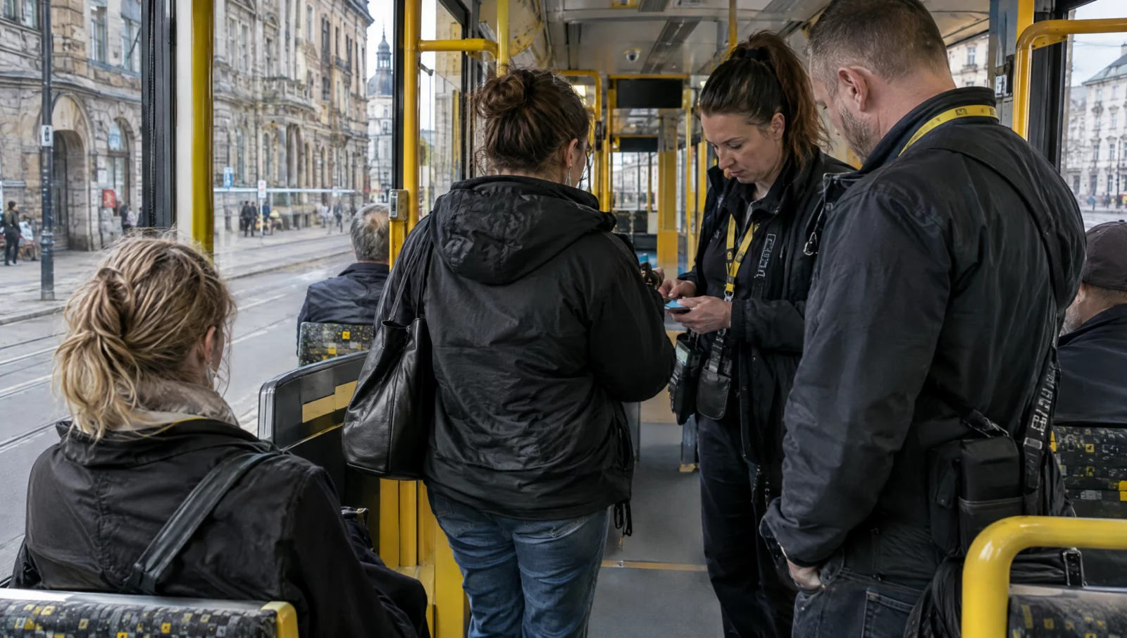 Zwei Kontrolleure prüfen in einer Straßenbahn den Fahrschein eines Fahrgasts, Ausgangspunkt vieler Verfahren nach § 265a StGB.
