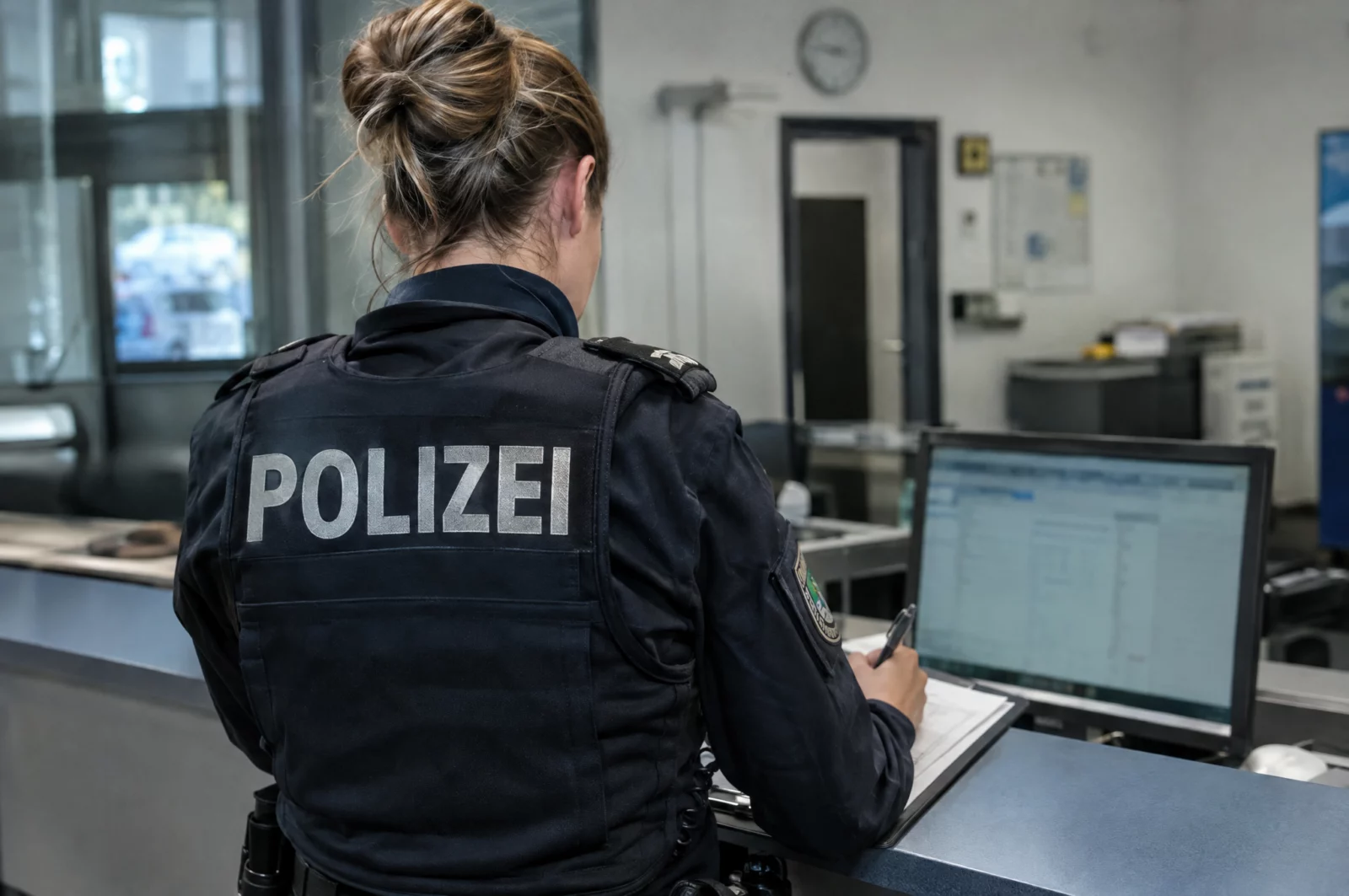 Ein Polizeibeamter nimmt an der Wache eine Anzeige auf, etwa wegen einer exhibitionistischen Handlung oder Erregung öffentlichen Ärgernisses.