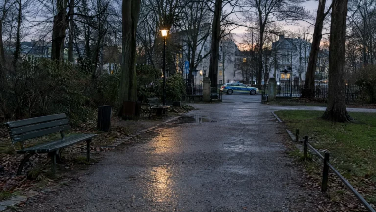 Ein leerer Parkweg in der Dämmerung, am Parkeingang steht ein Streifenwagen – häufiger Ort von Vorwürfen exhibitionistischer Handlungen.