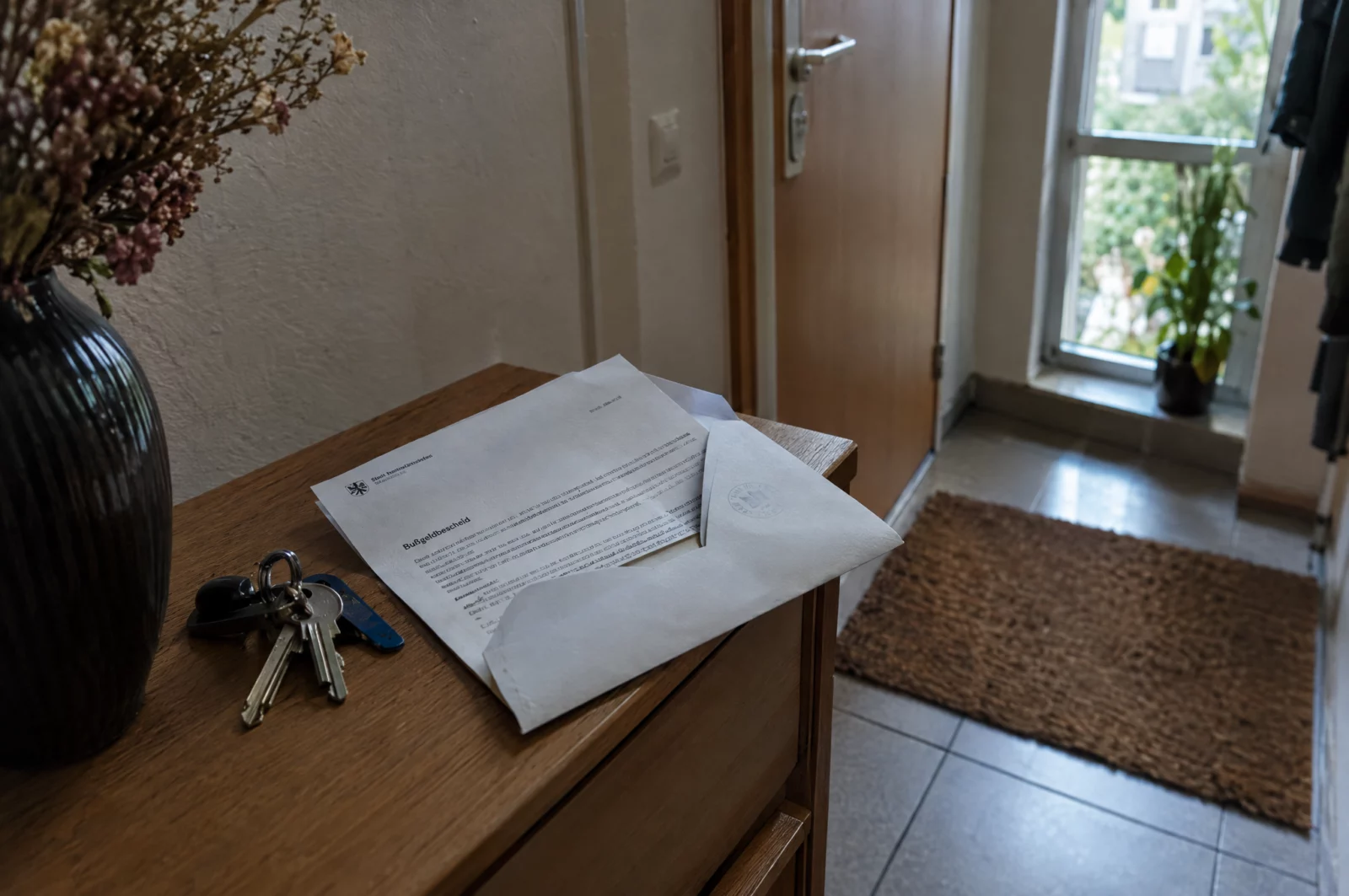 Ein geöffneter Brief mit einem Strafbefehl liegt neben dem Hausschlüssel auf einer Kommode im Flur.