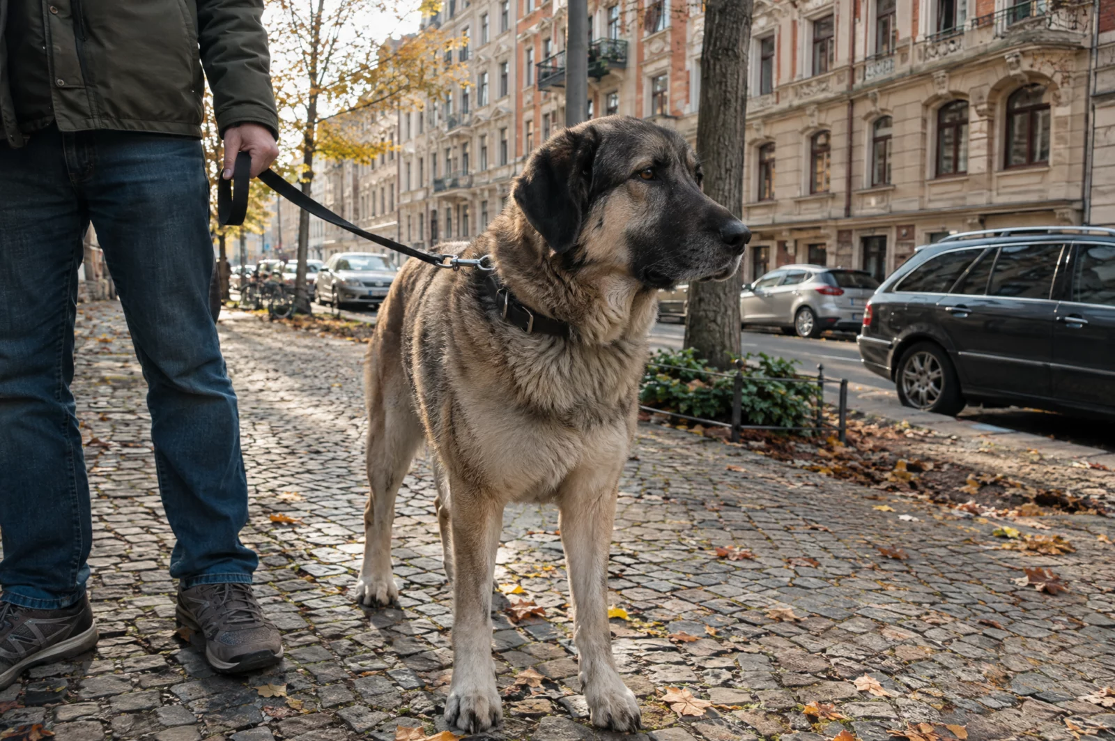 Großer Hund an der Leine auf einem Kopfsteinpflaster-Gehweg, Hundehalter haften bei mangelnder Aufsicht wegen fahrlässiger Körperverletzung.