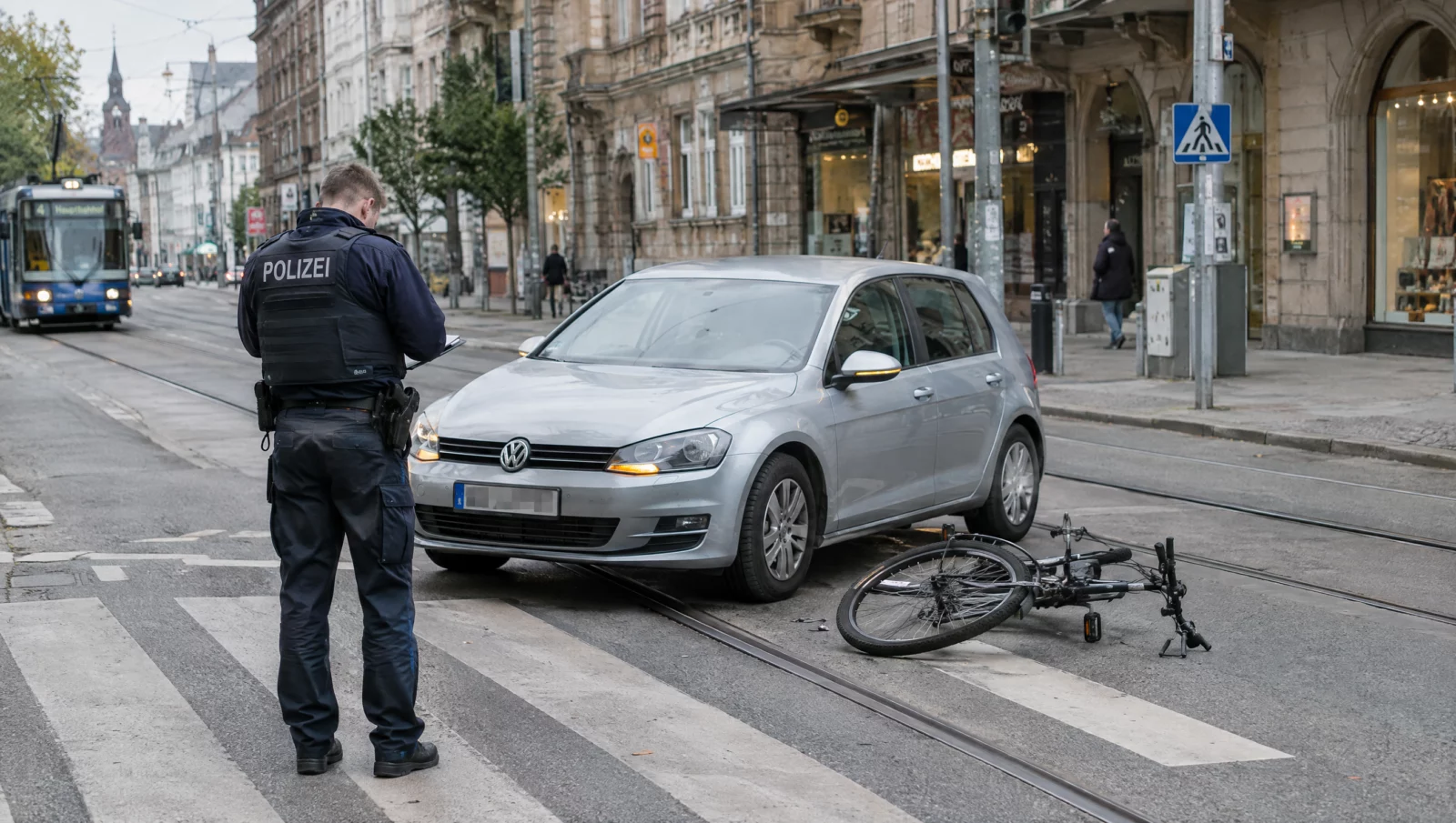 Auto mit Warnblinker und umgestürztes Fahrrad am Zebrastreifen, ein Polizist nimmt den Unfall wegen fahrlässiger Körperverletzung auf.