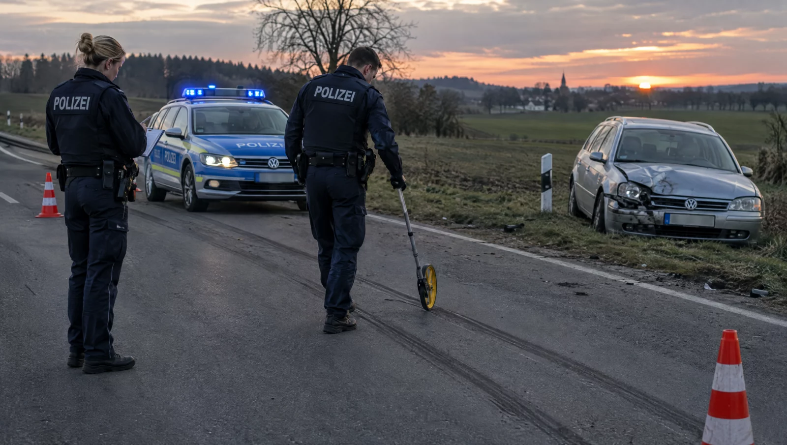 Polizeibeamte vermessen Bremsspuren an einer Landstraße – typische Unfallaufnahme bei Ermittlungen wegen fahrlässiger Tötung.