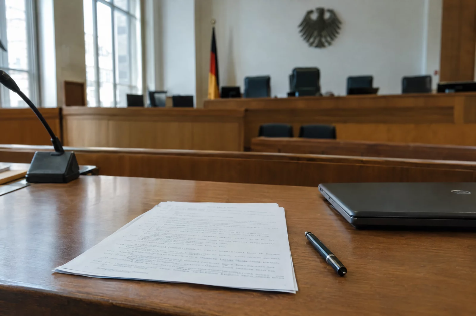 Sitzungsprotokoll auf dem Tisch der Protokollführung im Gerichtssaal, in dem eine mögliche Falschaussage festgehalten wird.