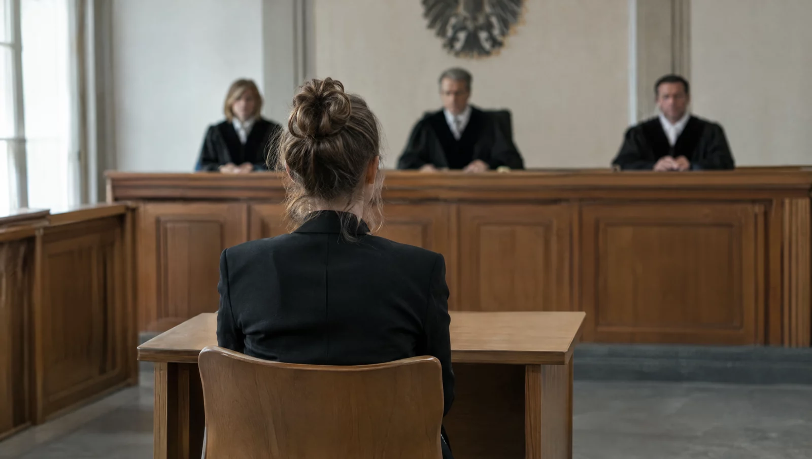 Eine Zeugin sitzt im Gerichtssaal vor der erhöhten Richterbank – Situation, in der eine falsche uneidliche Aussage droht.