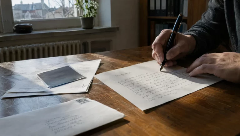 Eine Hand schreibt mit Füller eine Strafanzeige am Schreibtisch – wer wider besseres Wissen anzeigt, begeht eine falsche Verdächtigung.