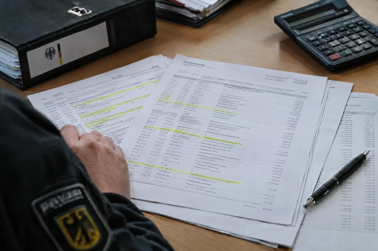 Kontoauszüge mit markierten Buchungen, Taschenrechner und Ordner auf einem Schreibtisch der Ermittler im Geldwäscheverfahren.